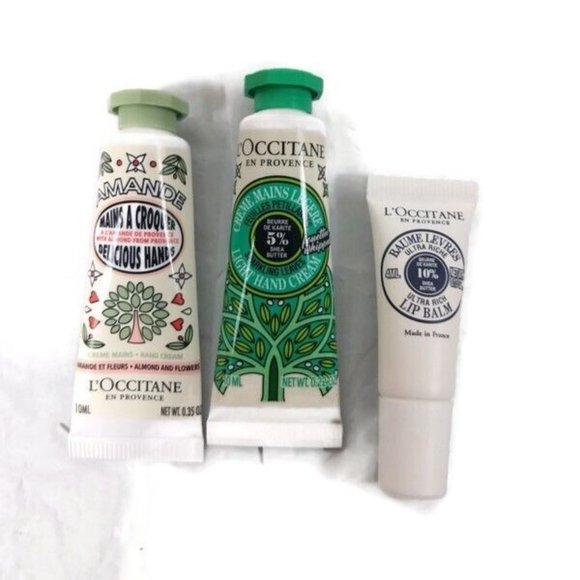 L'Occitane Sparkling Leaves , Almond Hand Cream & Shea Lip Balm X 3 NEW - Picture 1 of 4